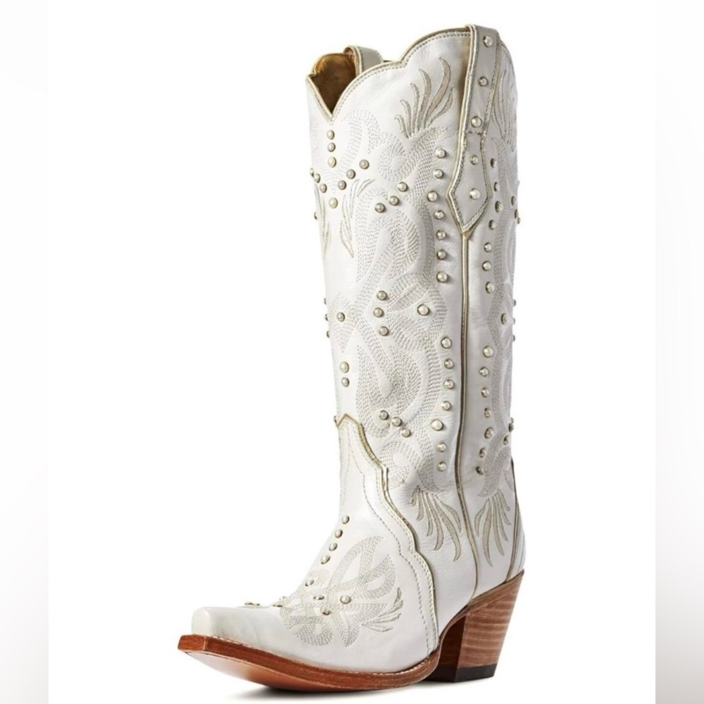White Studded Western Cowboy Boot with Embroidered Detail